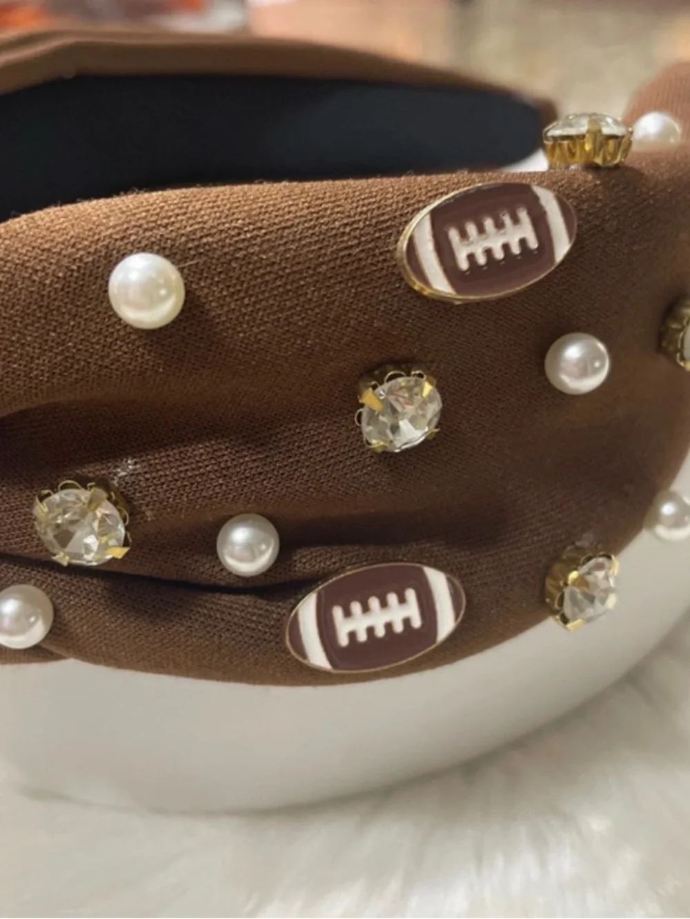 Embellished Knotted Headband in Brown with Pearls and Crystals